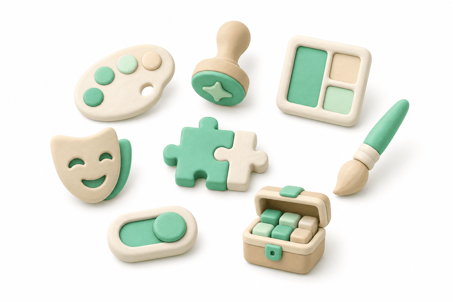 Customization tools: color palette, logo stamp, layout grid, brush, character mask, puzzle feature, toggle switch and add-on case in 3D claymorph style