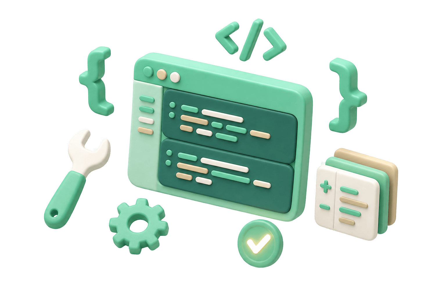Visualization of a coding bot: editor window with lines of code, curly braces, wrench and gear as symbols for development.