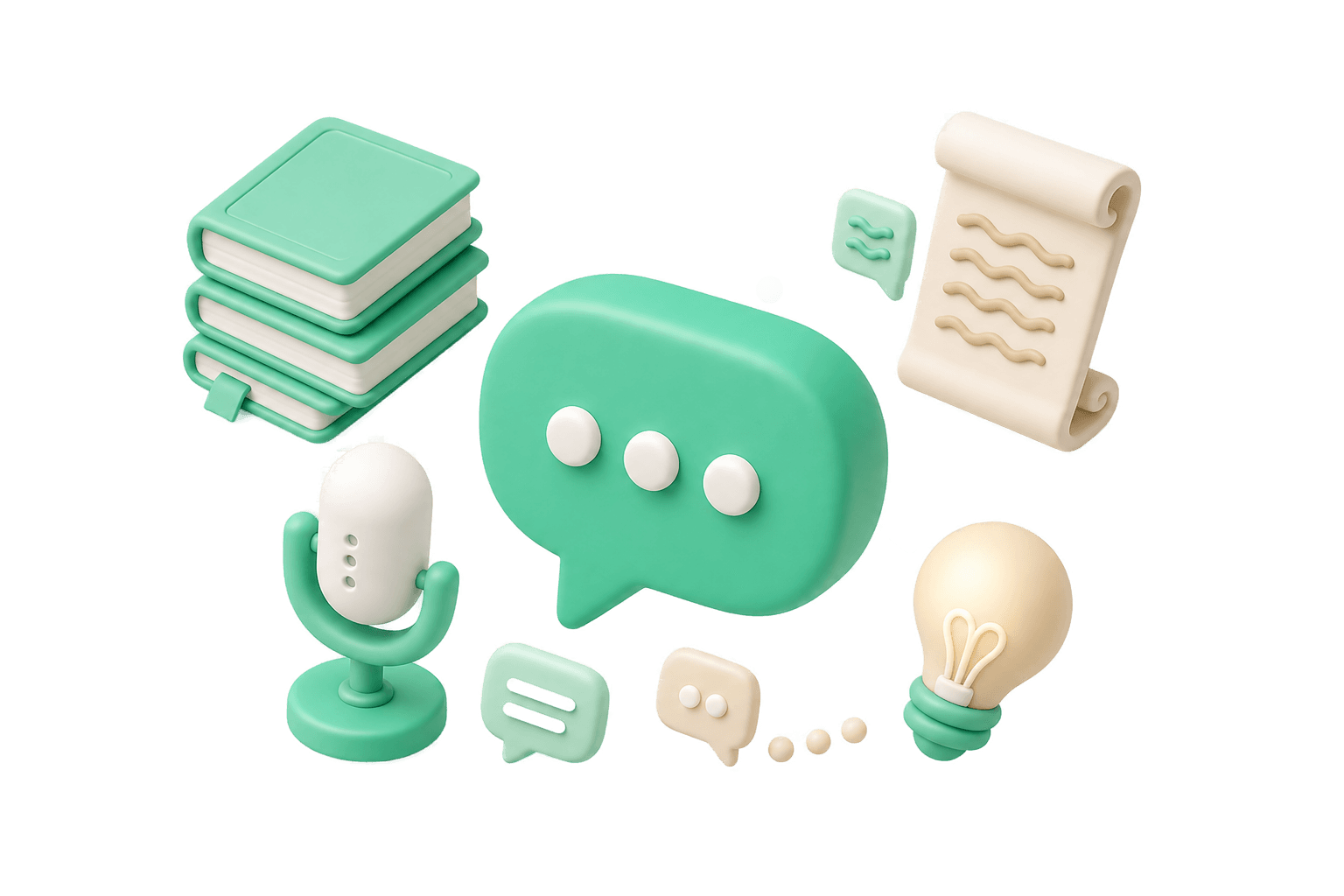 Visualization of a language bot: speech bubble, books, microphone and light bulb as symbols for knowledge and conversation.