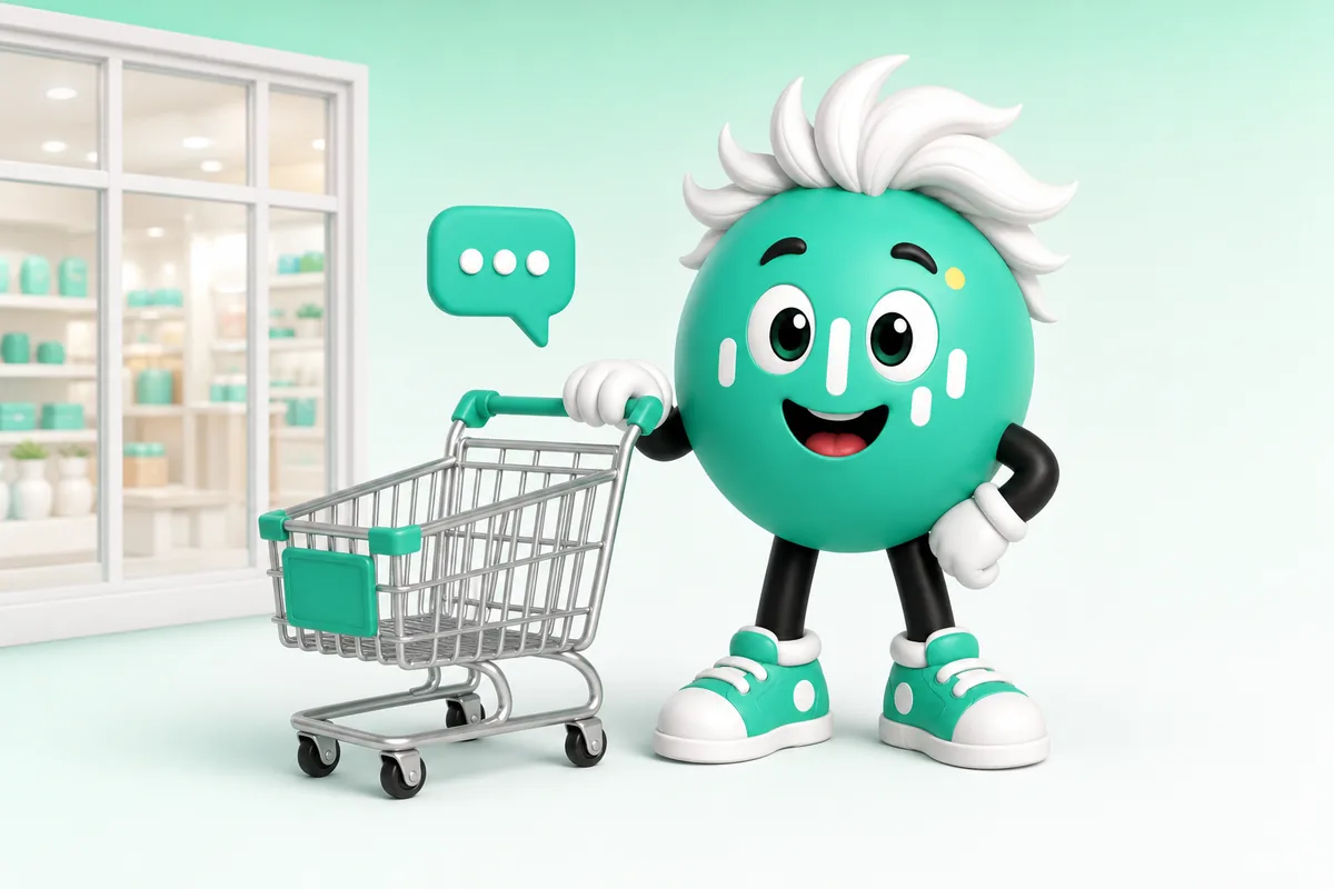 zep am Einkaufswagen mit Chat-Bubble vor einem Online-Shop
